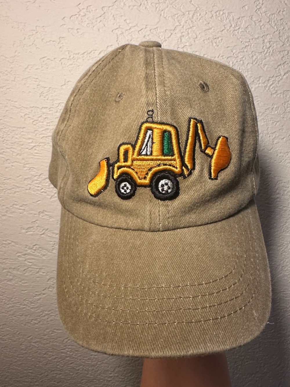 Tan Kids Cap with Yellow Excavator Embroidery